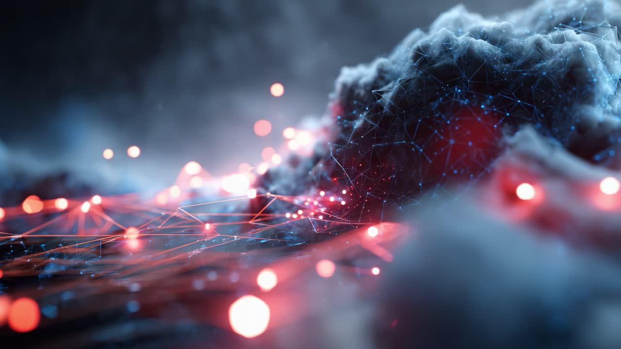 Una visualizzazione accattivante di cloud digitali: esplora una scena affascinante dove luce, colore e reti complesse si incontrano, creando un'interazione surreale di elementi astratti