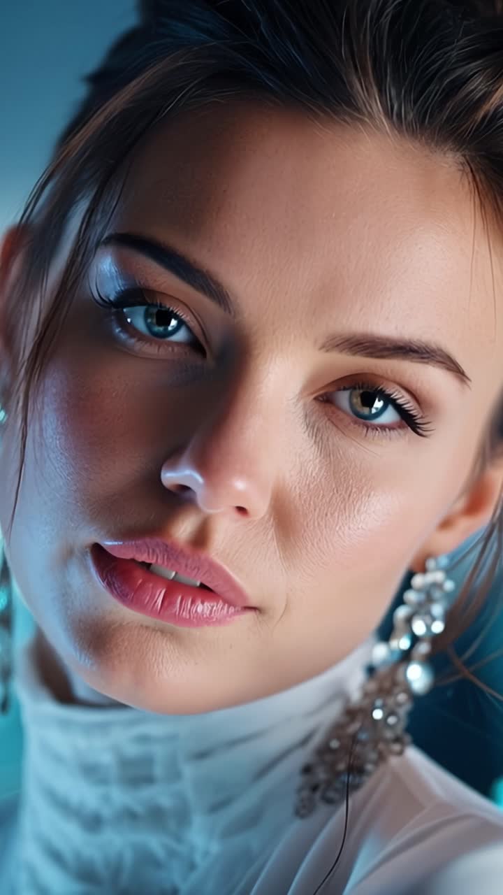 Un ritratto accattivante che mostra una bellissima donna con occhi blu mozzafiato e orecchini eleganti, che emana grazia e raffinatezza in un'atmosfera illuminata da luce soffusa.