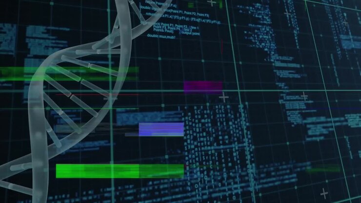 Animation of dna strand with shapes and data processing on black background
