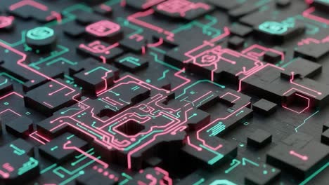 intricate digital circuit patterns with neon highlights on a dark surface showcase the fusion of technology and art in a modern aesthetic