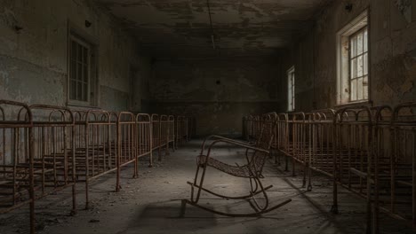exploring the haunting stillness of an abandoned room filled with empty beds and a rocking chair that tells a story of forgotten times