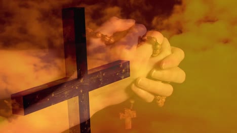 animation of caucasian woman praying with rosary over cross and clouds