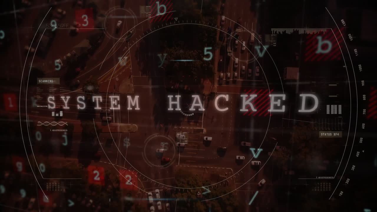 sistema hackeado animación de texto sobre vista aérea de las calles de la ciudad y el tráfico