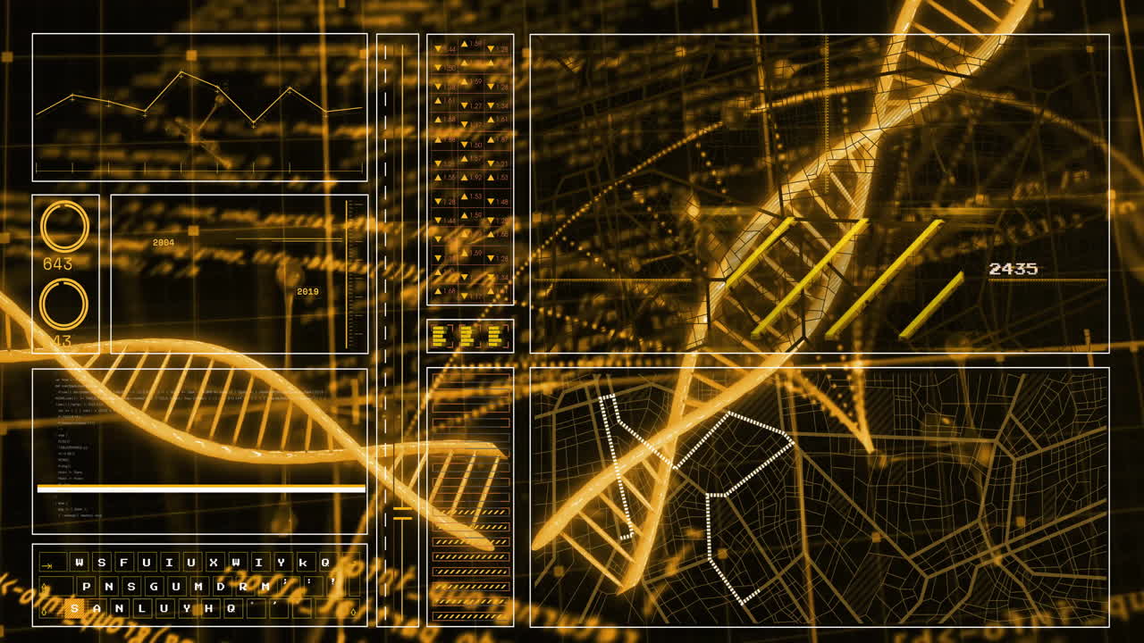 검은 바탕에 dna 줄에 대한 디지털 데이터 처리의 애니메이션