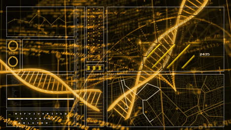 animación del procesamiento de datos digitales sobre cadenas de adn en fondo negro