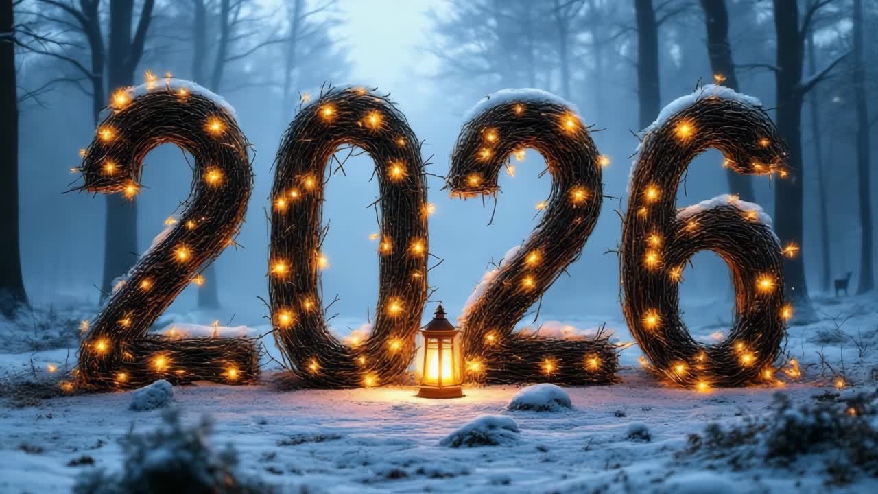 Wooden 2026 sign crafted from branches, adorned with glowing lights, standing amid snow covered forest at twilight, radiating festive winter enchantment