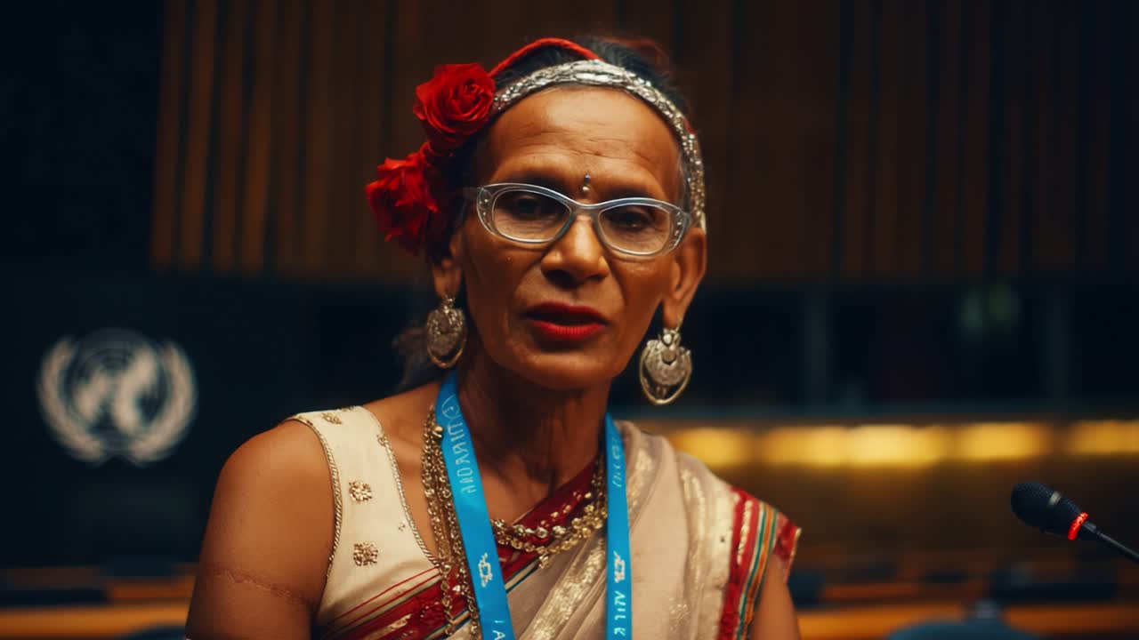 A dignified speaker at a global forum poised to address important issues, showcasing culture and identity through traditional attire and accessories in a formal setting