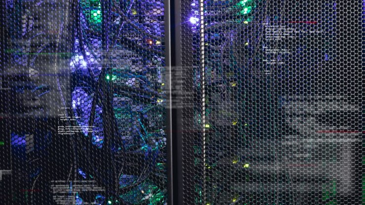 Composite video of data processing against close up of a computer server