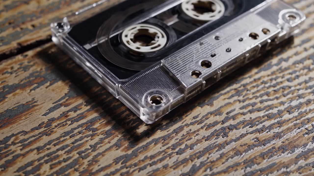 Close-up of a vintage cassette tape on rustic wood, shot from a low angle