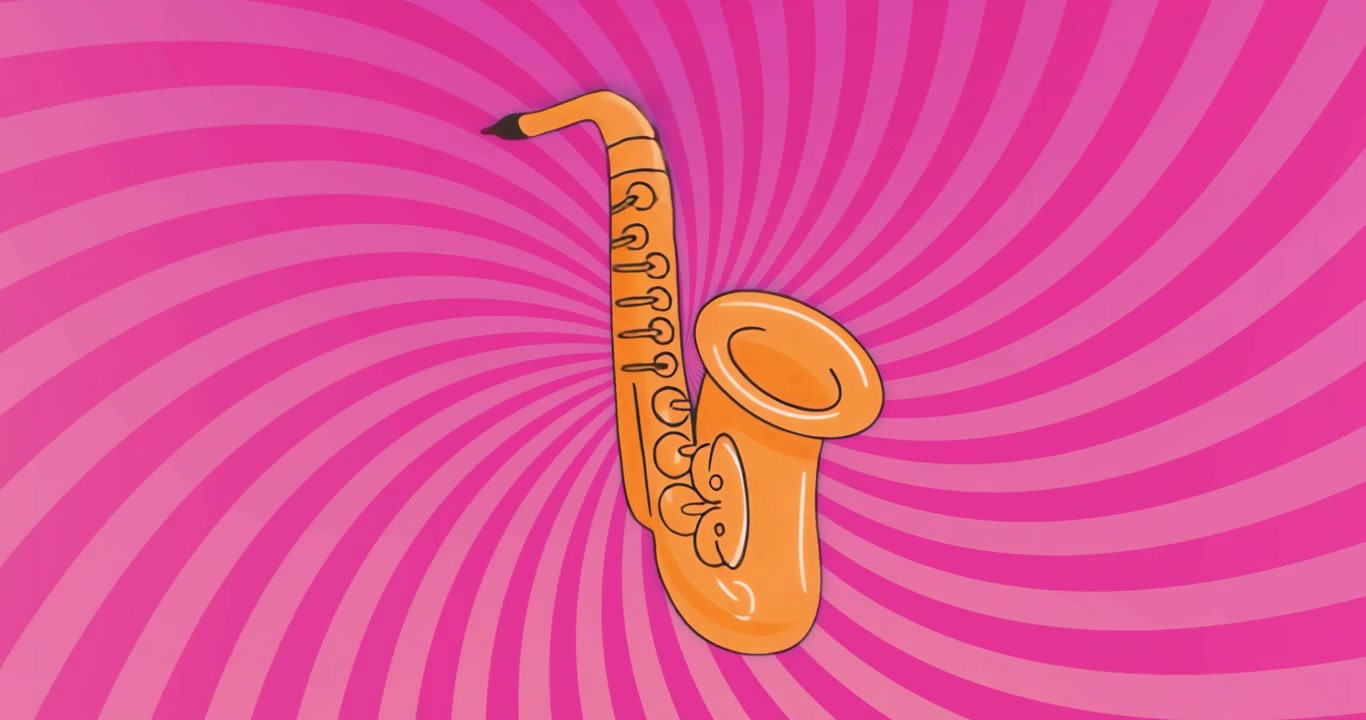 All'inizio, un sassofono arancione a cartone animato rimane centrato su uno sfondo a spirale rosa, mostrando un tema musicale