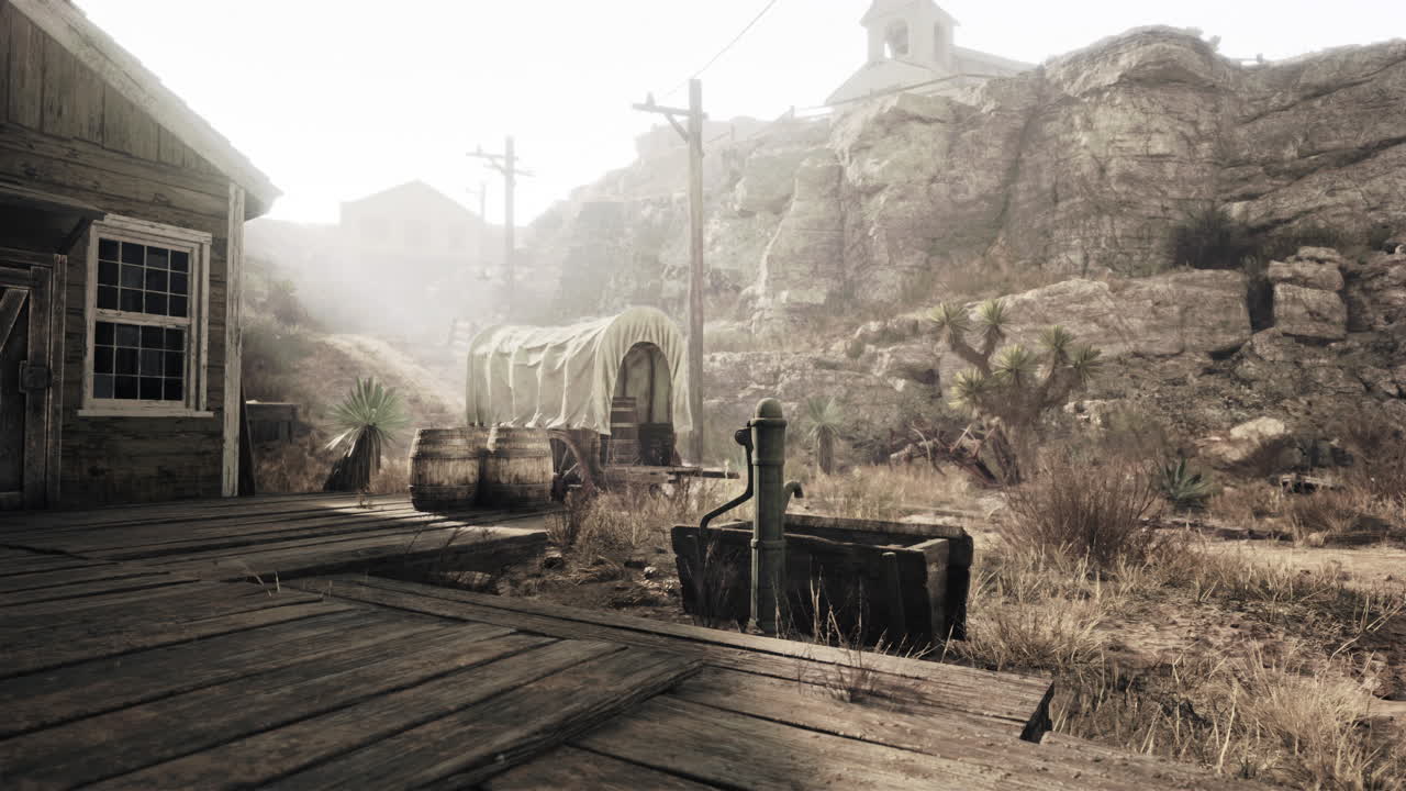 인 마차 와 물 프 를 가진 먼지 가 많은 서부 도시