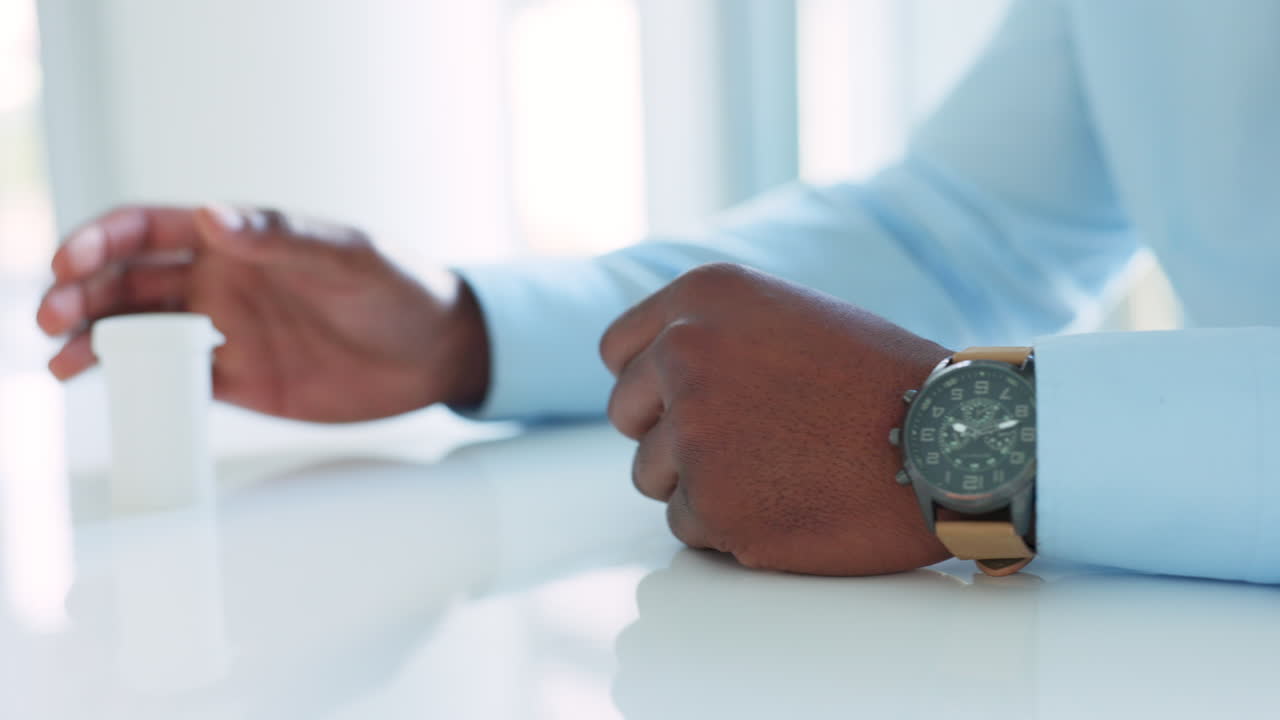 Closeup of hands, pills and healthy businessman