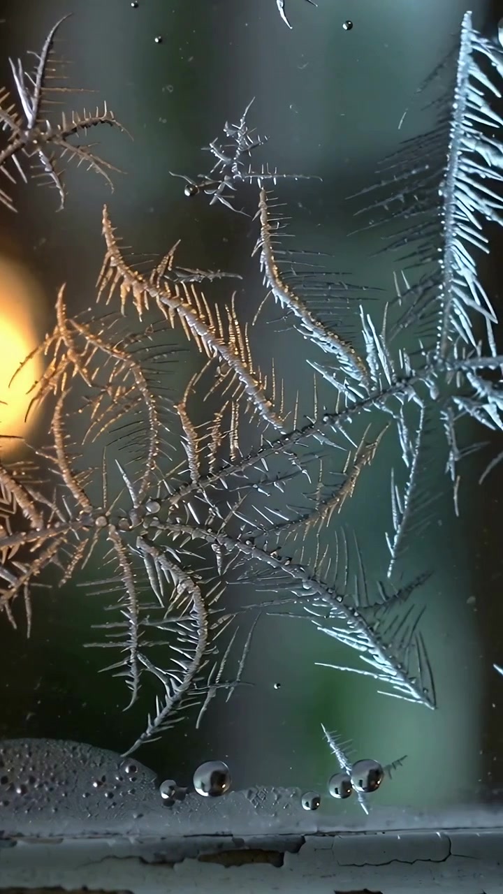 Video verticale: Cristalli di brina che crescono sul vetro di una finestra a casa a causa dell'aria fredda, con goccioline che si uniscono.