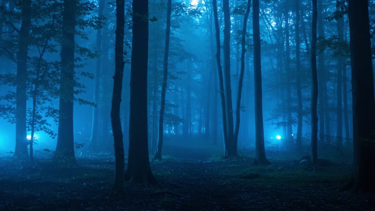 Eerie Fog-Enveloped Forest Scene Illuminated by Mysterious Blue Lights with Tall Trees and an Enigmatic Atmosphere Perfect for a Twilight Adventure