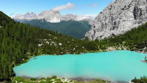 drone flight over the turquoise sorapis lake