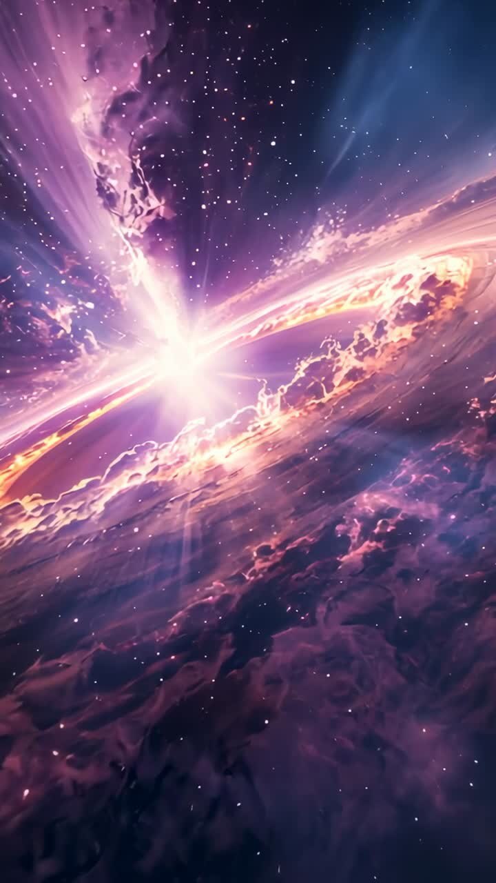 Vertical video: Pulsing core flare sending rays lighting ring edge, illuminating filaments in space