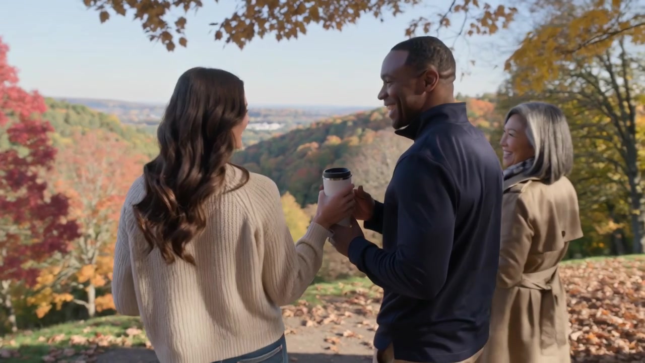 Offering travel mug, left woman in sweater turning, man taking cup, sharing drink at overlook