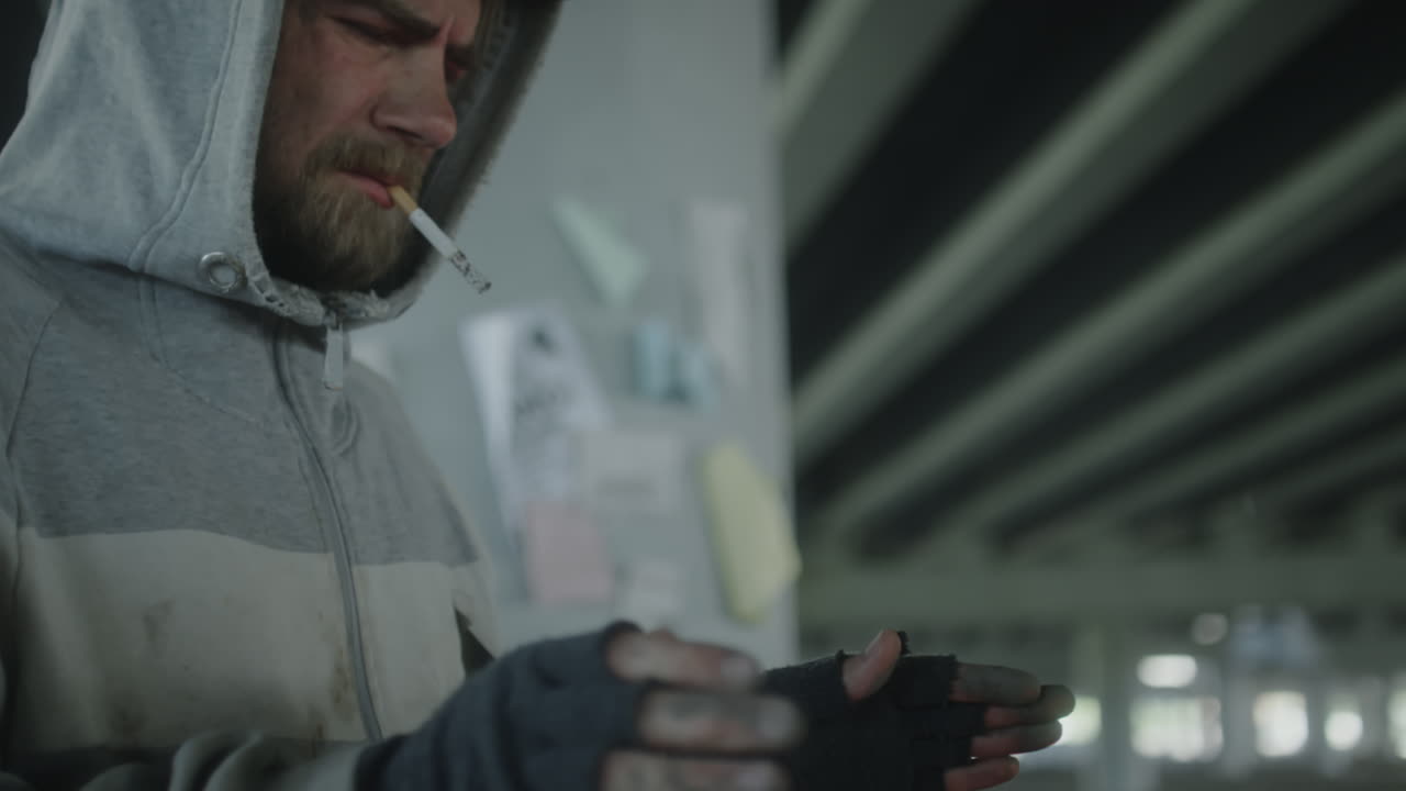 Homeless Man Smoking And Warming Hands over Fire