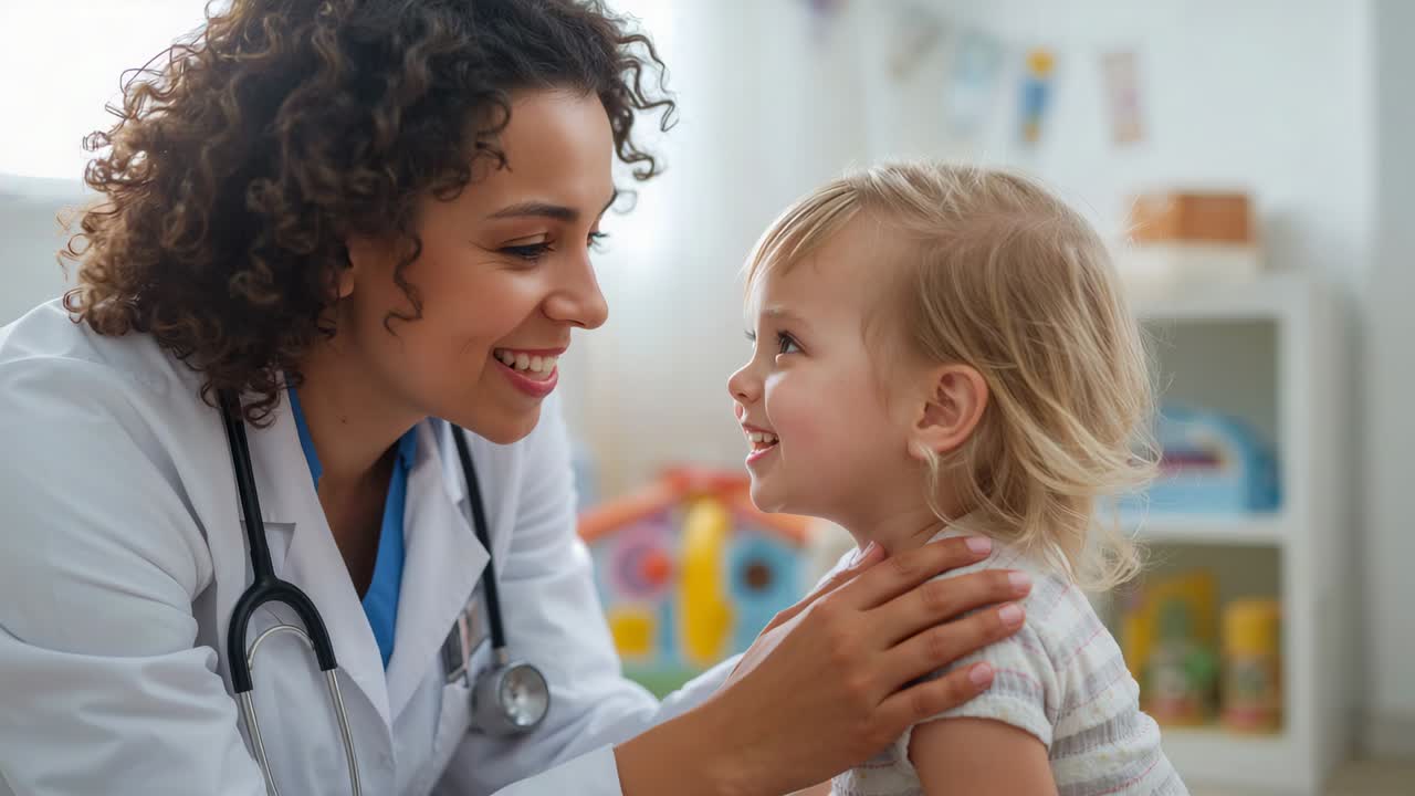 Smiling clinician leaning toward toddler in clinic, touching shoulder to reassure, coat stethoscope