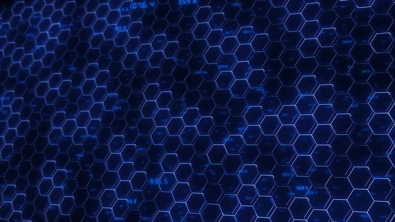 Futuristic blue honeycomb data visual with hexagon grid layers glowing numeric marks and dark tech