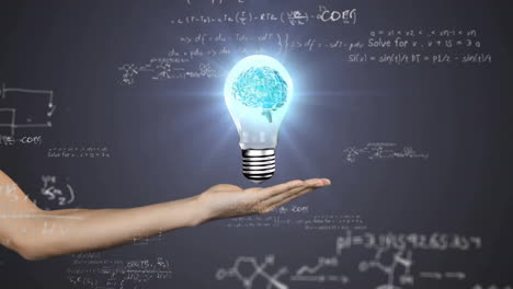 animation of mathematical data processing over lightbulb with human brain and caucasian woman''s hand