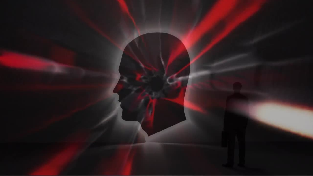 Animation of red lights over head in black space