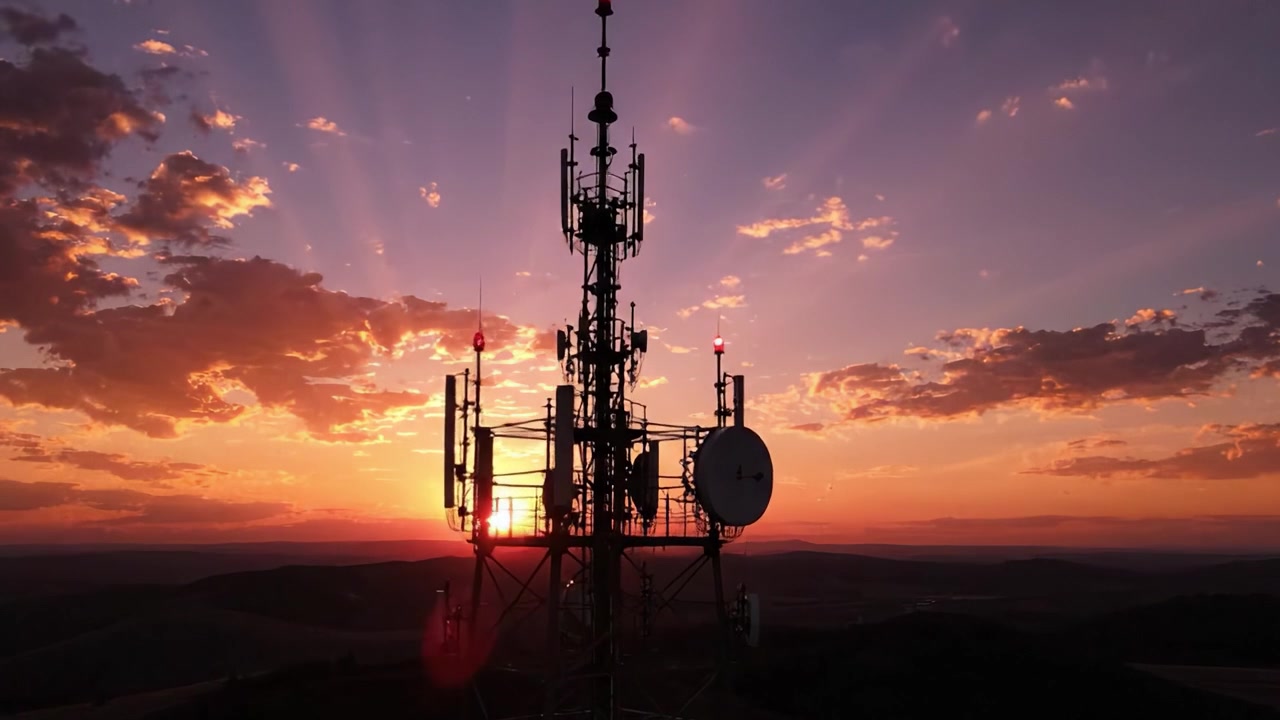 En fængslende solnedgang over et kommunikationstårn, der viser silhuetstrukturer mod en farverig himmel, og fremhæver naturens skønhed og teknologiens tilstedeværelse