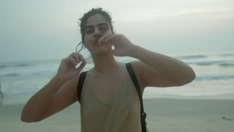 Indian-Woman-enjoys-great-weather-on-the-beach-close-up