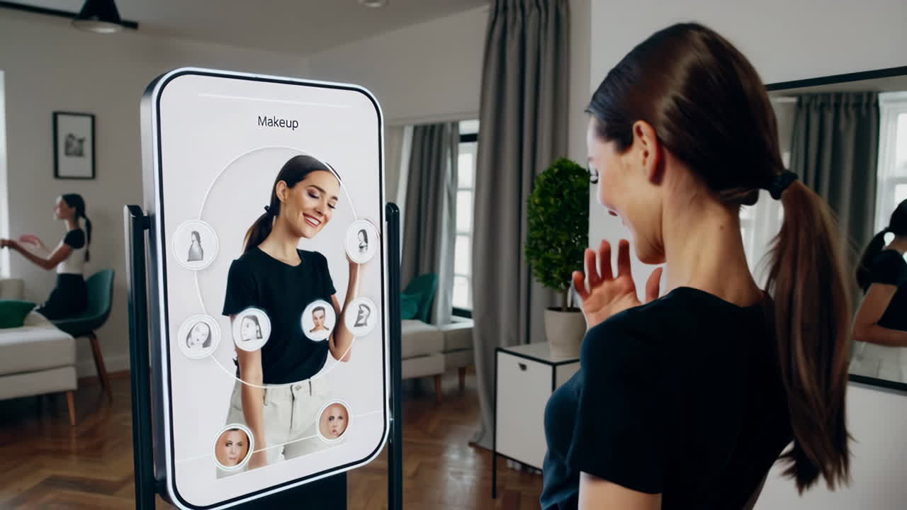 Donna che utilizza uno specchio interattivo per la prova virtuale del trucco
