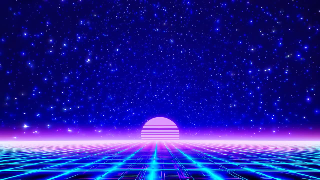 Stile video retro-futuristico con un'inquadratura dal basso di una griglia al neon e un sole rosa contro un cielo stellato.