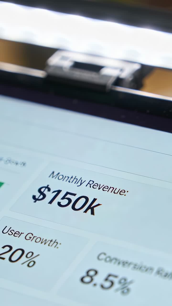 Video verticale: Dito che tocca, proveniente da sinistra, seleziona un ricavo di 150.000 $ per la revisione su un tablet alla scrivania.