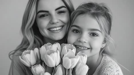 a heartwarming black and white portrait of a mother and daughter holding tulips