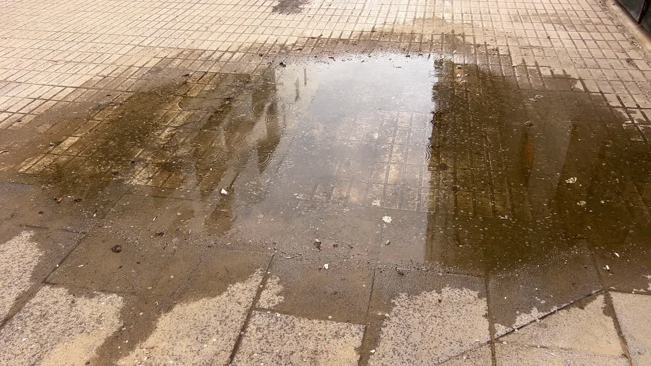 A puddle on a cobblestone alley during the rain.