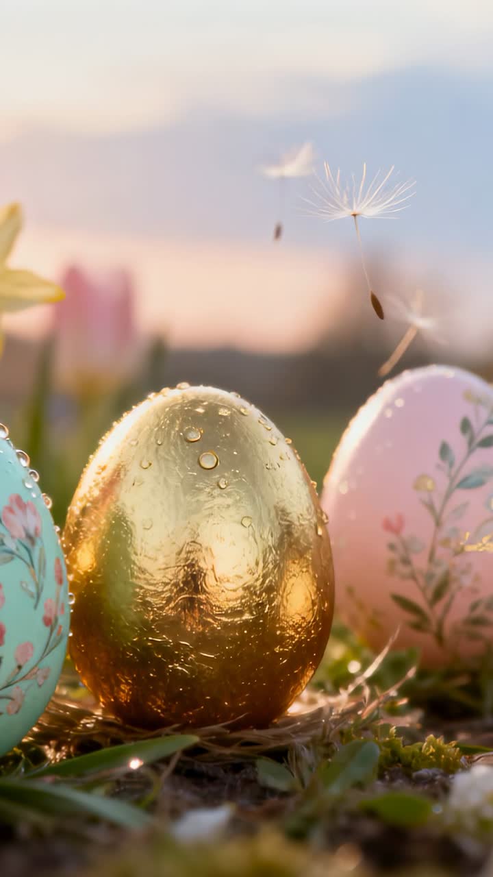 Colorful Easter Eggs in Grass with Dandelion Seeds at Golden Hour