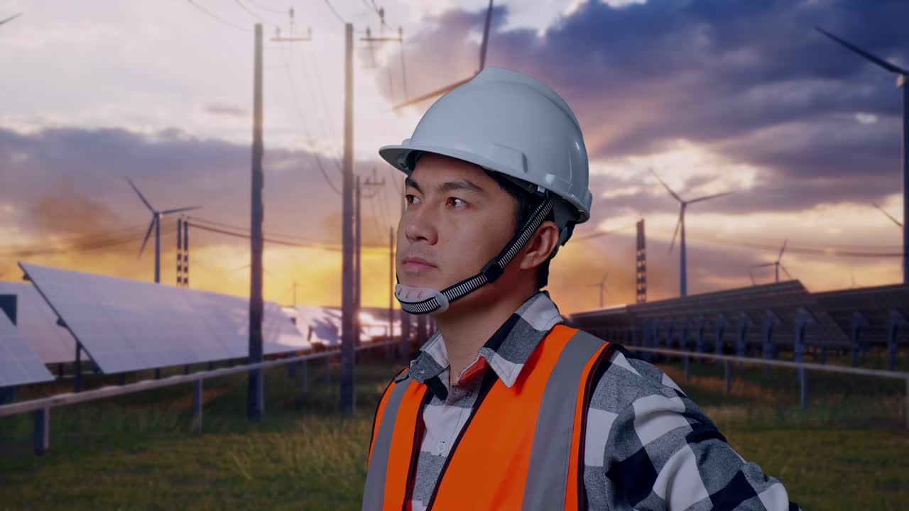 Close Up Side View Of Asian Male Engineer Wearing Safety Helmet Looking Around While Standing With Arms Akimbo With Solar Panel and Wind Turbines