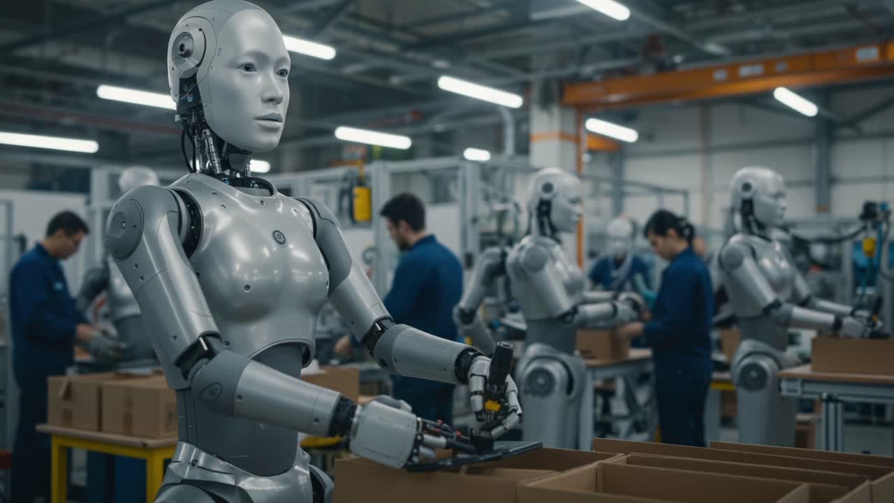 A Futuristic Factory Floor: Robotic Automation in Action with Advanced Robots Collaborating with Human Workers for Efficient Product Assembly and Streamlined Operations
