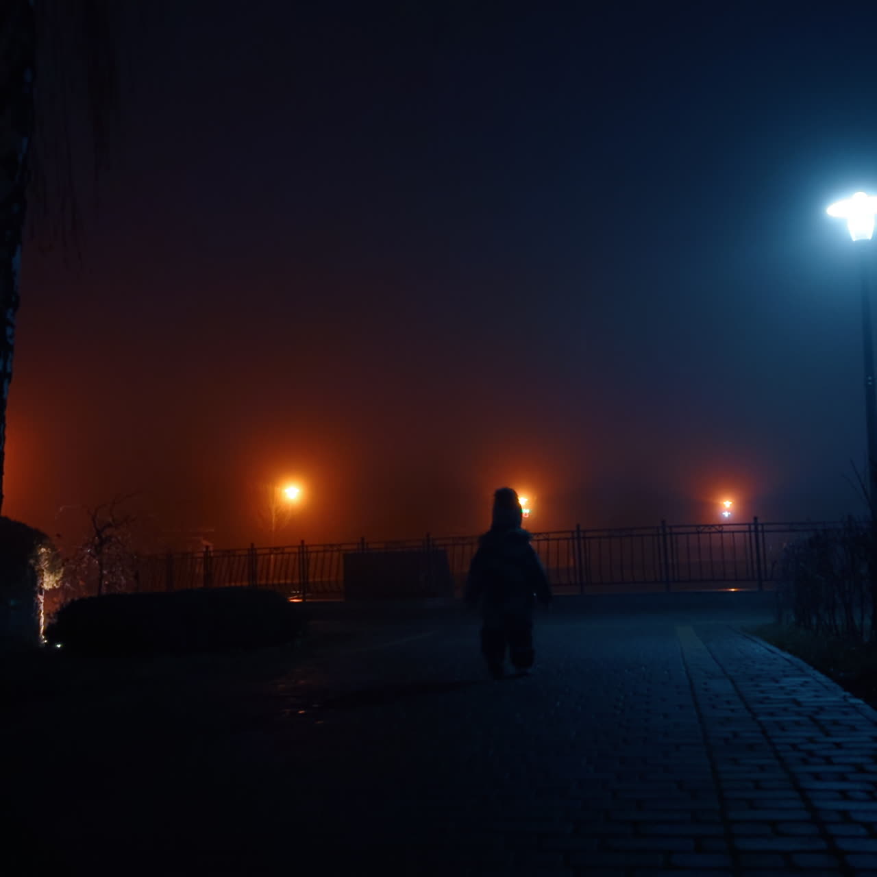Silhouette of a little baby walking away from camera. Kid on the walk in the park on winter night.