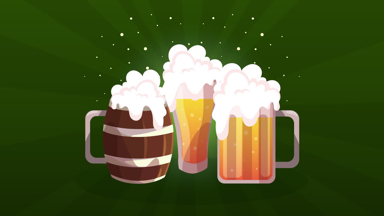 tres vasos de cerveza y un barril sobre un fondo verde