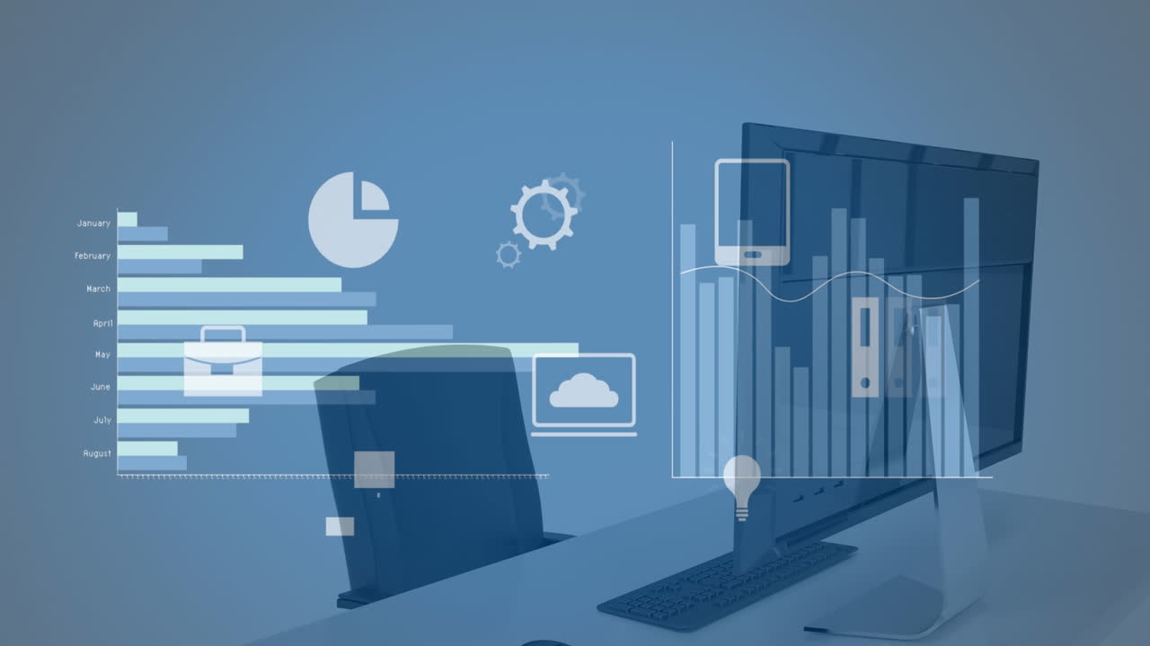 Animation of financial data processing over desk in office