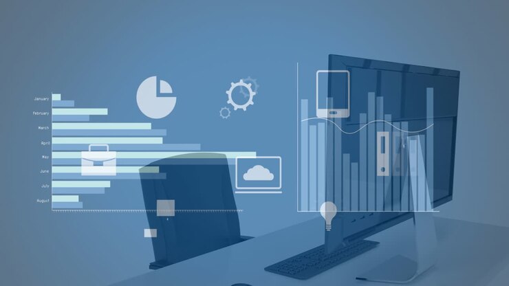 Animation of financial data processing over desk in office