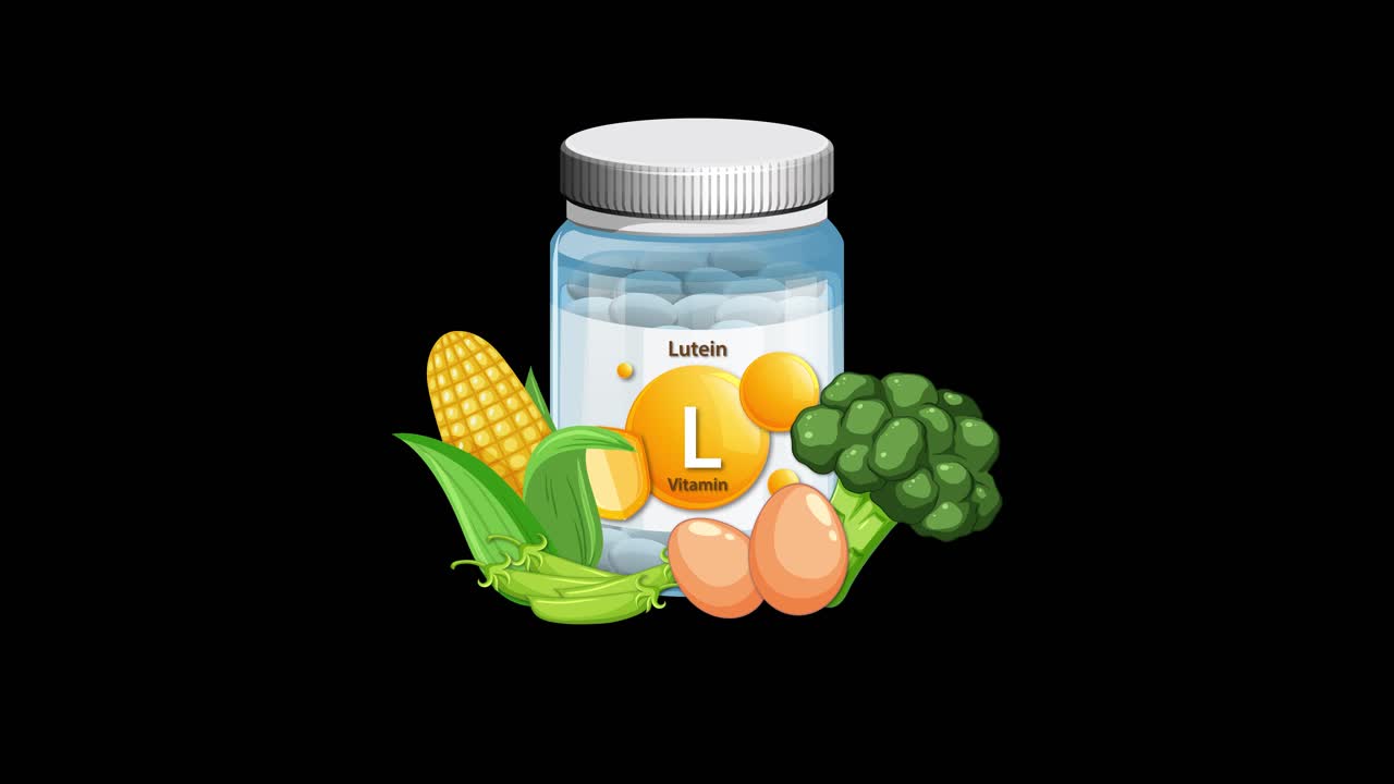Lutein supplement bottle animated with corn, broccoli, and eggs appearing, set against a black background
