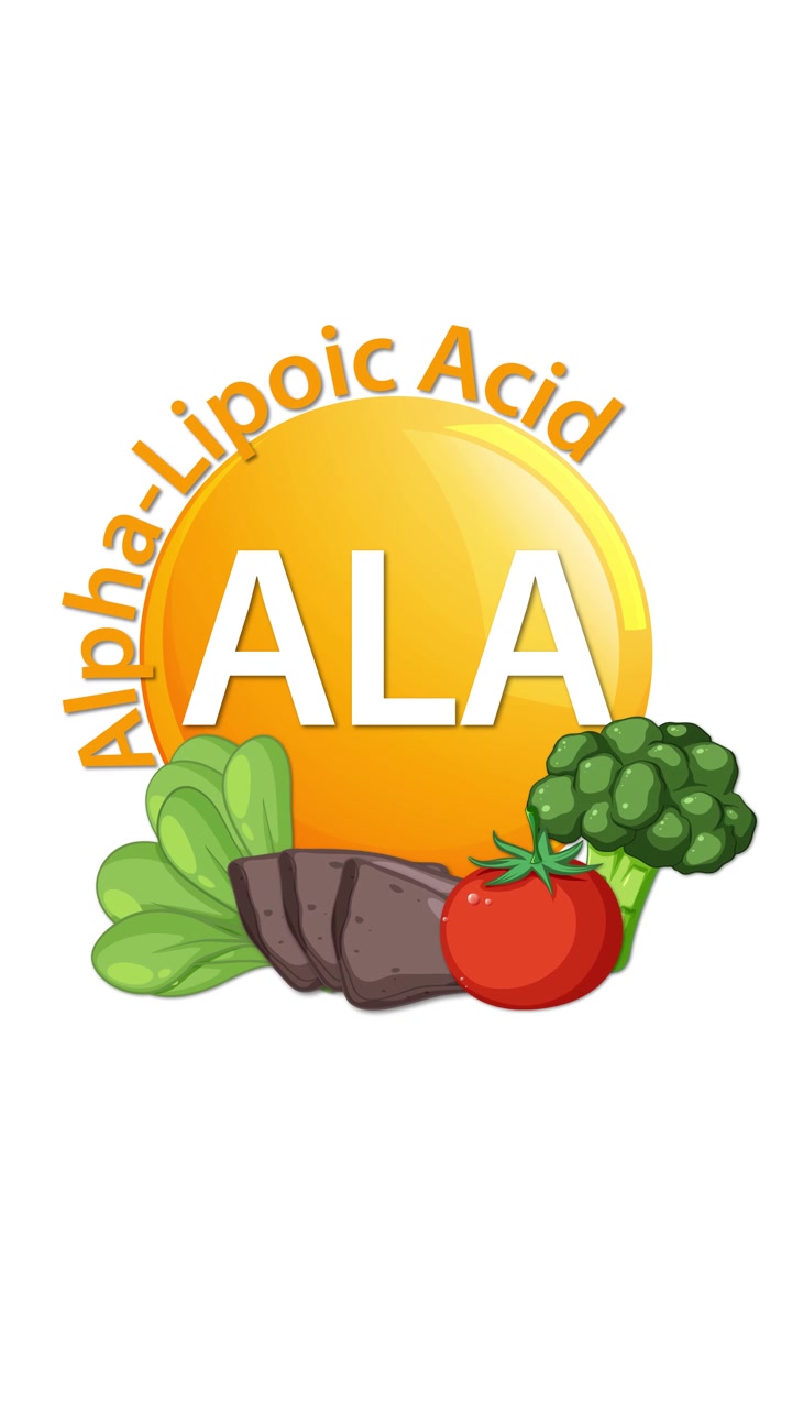 Una sequenza animata rivela un'icona lucida della vitamina ALA, gradualmente circondata da verdure illustrate tra cui spinaci, pomodoro, broccoli e un ortaggio a radice, su uno sfondo bianco pulito.