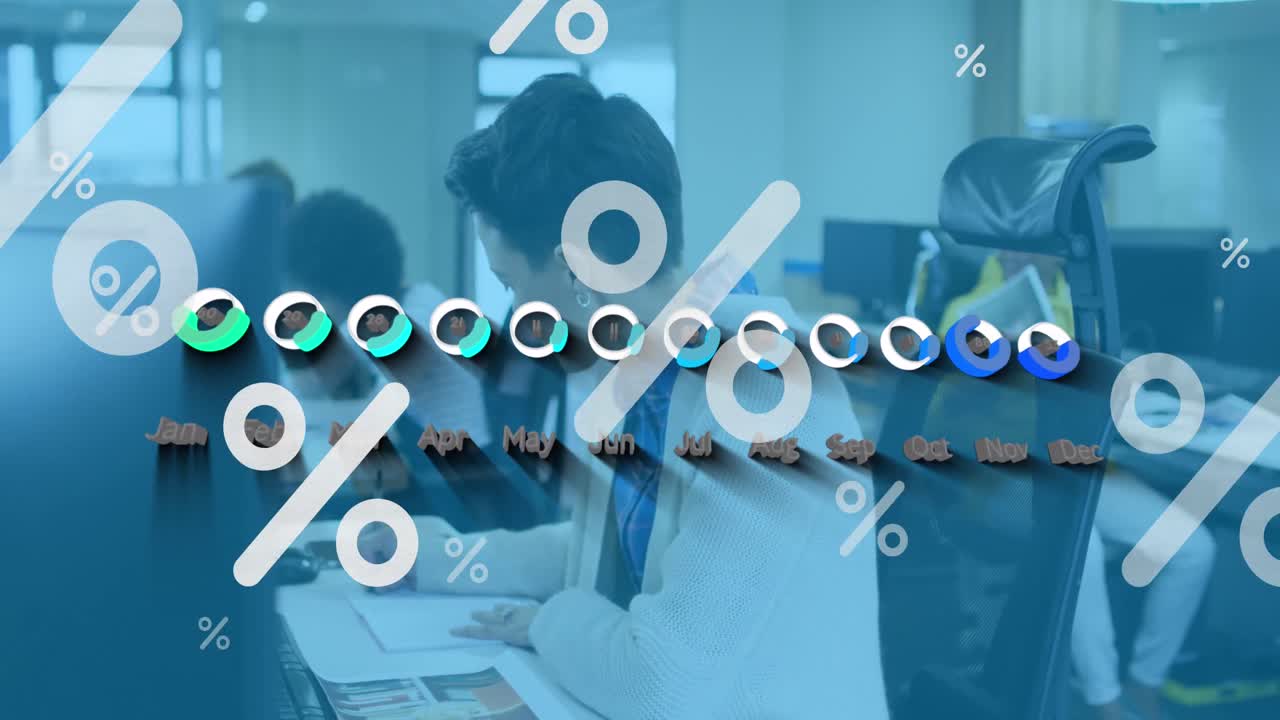 animación de porcentajes y gráficos sobre la mujer caucásica en el cargo