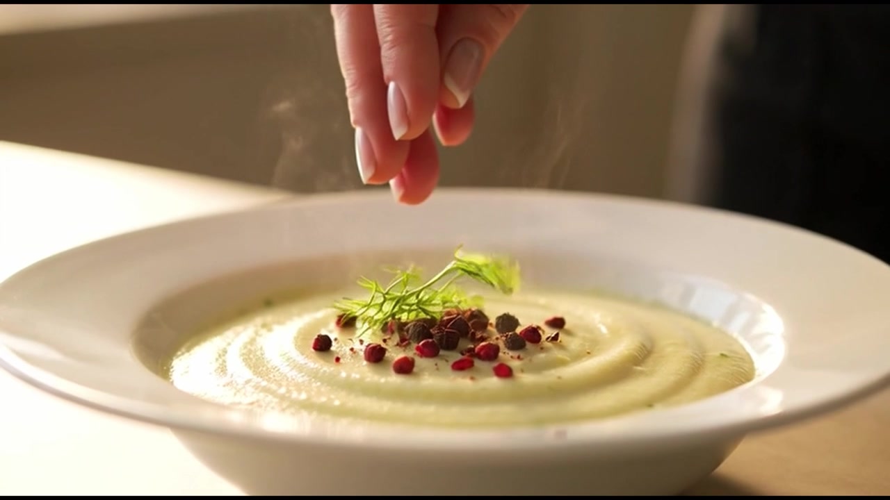 Chef Garnishing Steaming Creamy Soup with Fresh Dill and Peppercorns