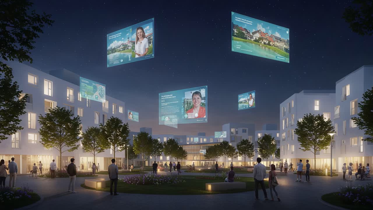 A Stunning Nighttime Scene of Urban Space Showcasing Digital Displays with Engaging Content Surrounded by Lively Residents Amidst Beautiful Landscaping