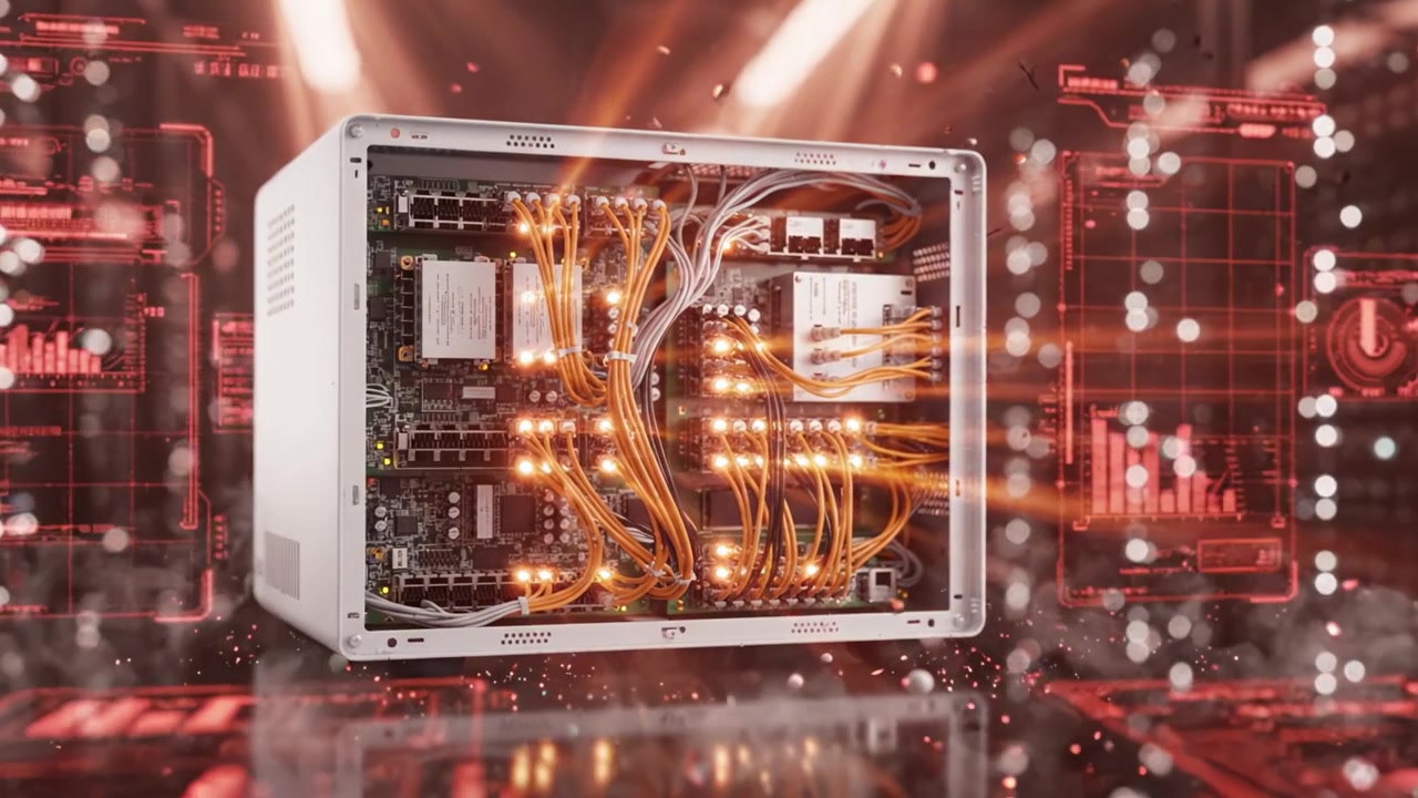 A high-tech server device showcasing advanced technology, illuminated by vibrant lights, set against a backdrop of networked storage in a modern data center environment.