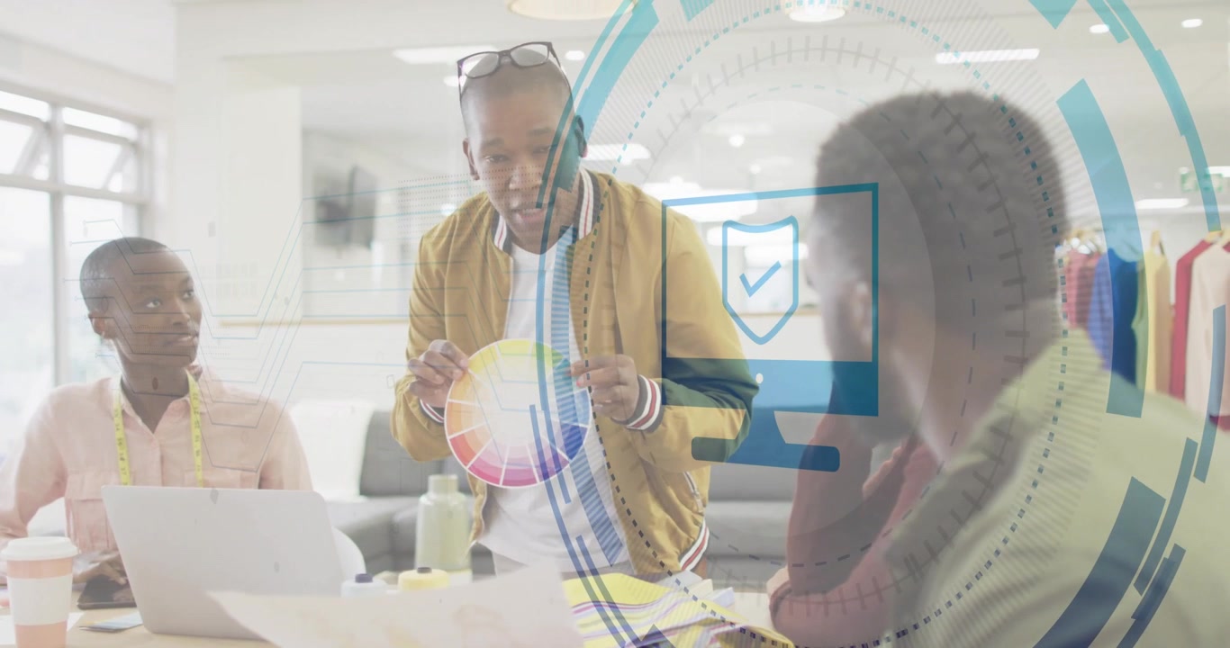 Presenter rotating color wheel activating shield overlay for digital approval around design team
