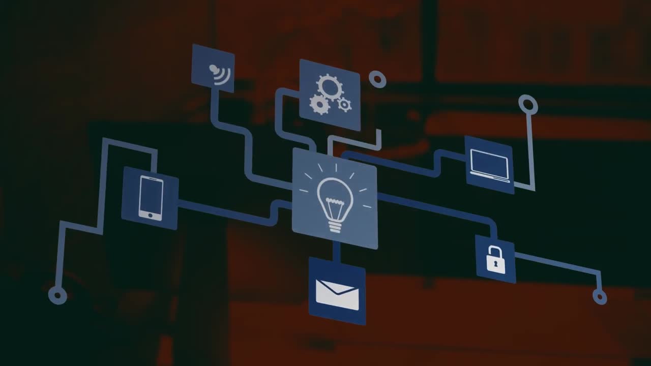 Animation of blue and white network of media and communication icons on dark brown background
