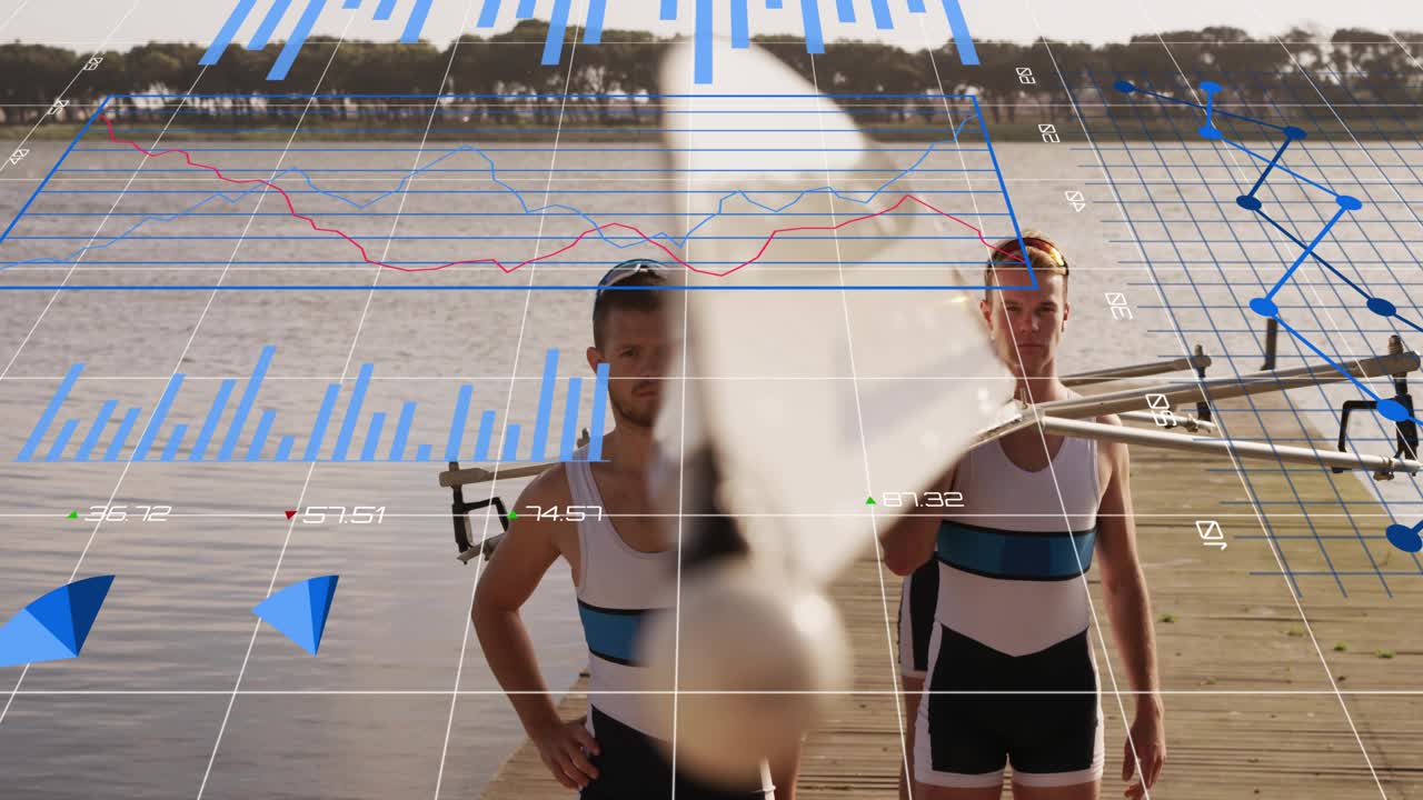 Crew teammates shouldering riggers on dock generating sports analytics overlays with bar pie charts