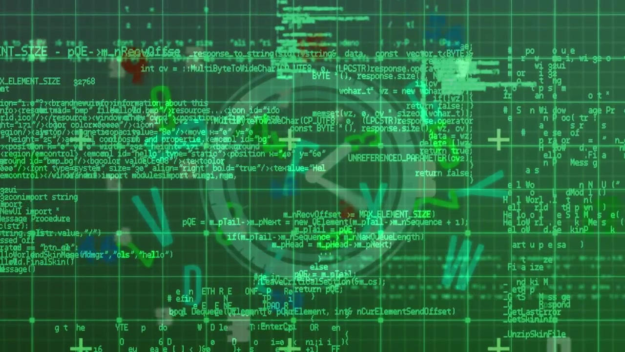 Animation of data processing over computer circuit board on black background